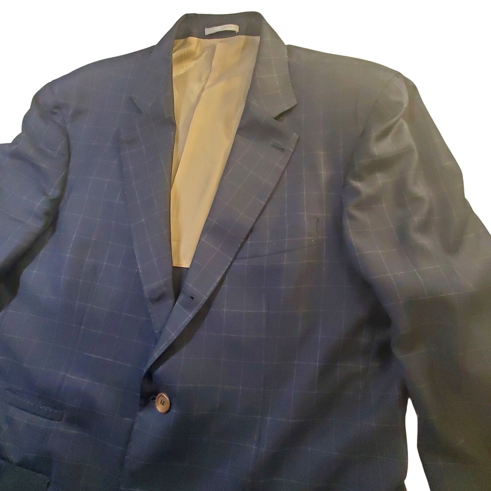 Brunello Cucinelli Mens US 44 Navy Wool Windowpane Blazer Leather Elbow Patch